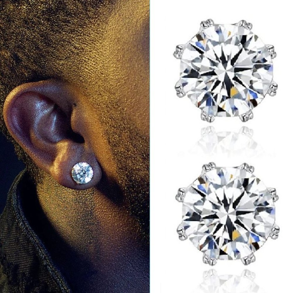 NEW MEN'S .925 Silver Round Stud Fashion Earring Jewelry Crystal CZ Rock